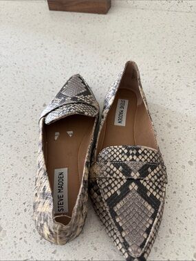 Steve Madden Snake-Print Pointed Loafers in Beige and Black